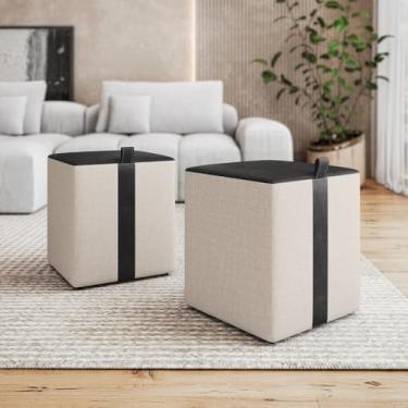 Imagem de Kit Puff Banqueta Redondo Linho Com Couro 42x34x34 Valentim Luxo Decorativo Retro Vintage Casa Jd Móveis (BEGE COURO PRETO)