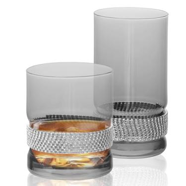 Imagem de Yenergy 2 peças de copos diferentes para beber - copos altos de 425 g e copos de vidro de uísque de 382 g para uso diário em casa, água, cerveja, suco, coquetel (cinza)