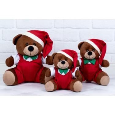 Imagem de Trio De Ursos Tedde Mamãe Noel Pelúcia Natalina Para Decorações (Macacão Padrão - Pelúcia Marrom)