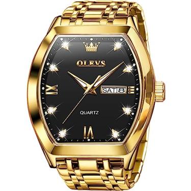 Imagem de OLEVS Relógios masculinos dourados com design de diamante quadrado tonneau aço inoxidável à prova d'água luminoso exclusivo luxo dia útil data relógio de pulso masculino, relógios masculinos dourados e pretos, Tendência