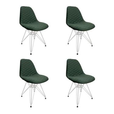 Imagem de Kit 4 Cadeiras Jantar Estofadas Verde Eiffel Eames Base Ferro Branco -