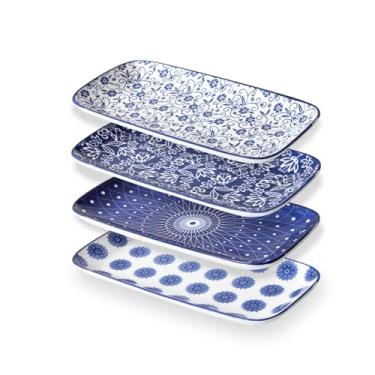 Imagem de Cerkik Travessas retangulares de cerâmica – Bandejas retangulares grandes de 30,5 cm para charcutaria, sobremesa, aperitivo de frutas para entretenimento de festa – Conjunto de 4 – Azul vintage