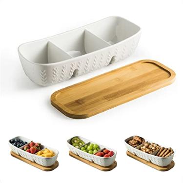 Imagem de Conjunto de servir chips e molho com bandeja de servir de madeira de acácia, travessas de porcelana divididas conjunto de condimentos perfeito para aperitivo de lanche, charcutaria, comida, bandejas e travessas de servir de Natal grandes de 28 cm