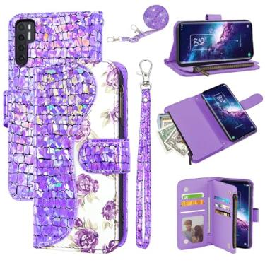 Imagem de Dibosom Capa carteira floral para TCL 20 Pro 5G com alça de pulso alça de ombro flip zíper bolsa porta-cartão, suporte de couro PU de luxo com glitter Bling capa para celular para TCL20Pro G5 TLC
