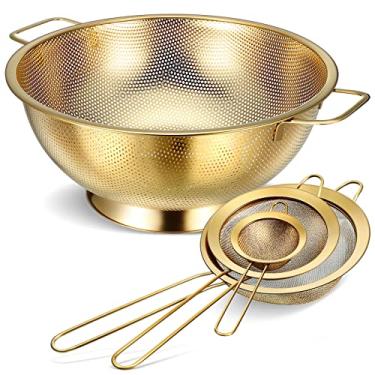 Imagem de Norme Escorredor dourado de aço inoxidável de 5 litros e 3 peças de filtro de malha fina dourada, coador de aço inoxidável para macarrão, arroz, alimento, metal, com alças, fácil de limpar e pode ser