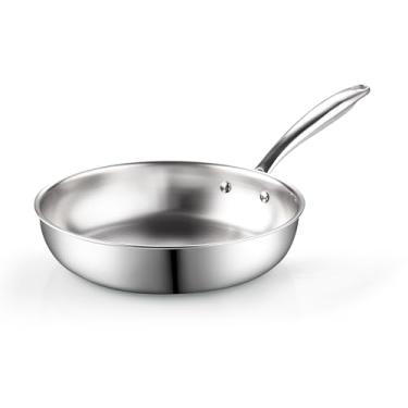 Imagem de Cook N Home Frigideira de aço inoxidável de 20,32 cm, frigideira de aço inoxidável 18/10 revestida com três camadas, frigideira refogada, panela de indução, prata