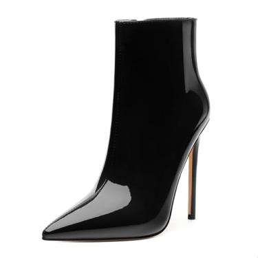 Imagem de FOGEENA Botas de cano curto femininas bico fino salto alto couro envernizado zíper lateral 12 cm botas curtas sexy casamento namoro trabalho outono sapatos, Preto, 39