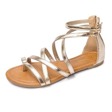 Imagem de Luffymomo Sandálias femininas com tira gladiadora rasteira de pescador com tiras cruzadas, Dourado, 41