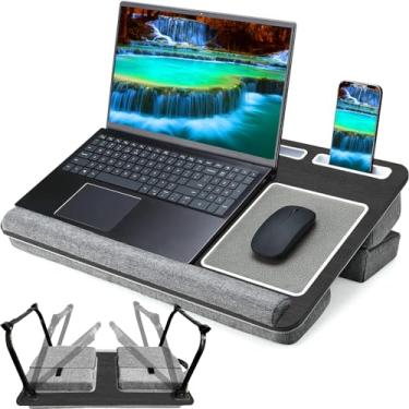Imagem de Mesa para laptop de colo - serve para mesa dobrável de cama de laptop de até 17 polegadas com almofada dupla ajustável, descanso de pulso e mouse pad, suporte de laptop de madeira portátil para sofá-cama, slot multifuncional para tablet e telefone (preto)