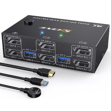 Imagem de Displayport KVM Switch 2 Monitores 2 Computadores 4K@144Hz, Camgeet USB 3.0 Dual Monitor KVM Switch para 2 PC 2 Monitores e 4 Portas USB 3.0, Adaptador 12V e Controle Remoto com Fio Incluídos