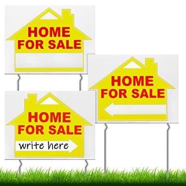 Imagem de 3 peças de 30,5 x 40,6 cm placas de casa para venda com estacas dupla face para casa para venda pelo proprietário placa de quintal com seta direcional sinais de casa aberta para placas de imóveis para agentes imobiliários (amarelo, vermelho)
