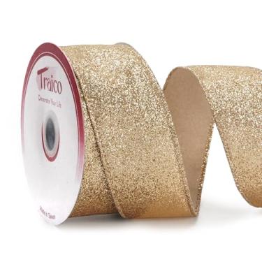 Imagem de Traico Fita com glitter dourado - 3,5 cm x 10 metros (30 pés) x 1 rolo para decoração de casa de Natal, embrulho de presente, fabricação de laço, grinalda, artesanato faça você mesmo, casamento