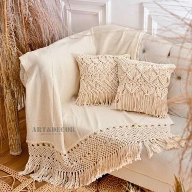 Imagem de Manta para Sofá Xale Decorativa Macramê Cru Chique - LojaArtDecor