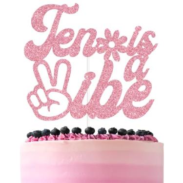Imagem de Pink Glitter Ten is a Vibe Cake Topper, Happy 10th Birthday/Out Single Digits I’m 10, Funny Groovy Flower Themed 10th Birthday Party Decorations