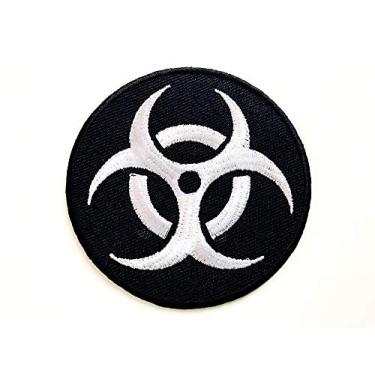 Imagem de TH Sinal símbolo de risco biológico perigo perigo veneno tóxico aviso logotipo preto aplique bordado costurar em ferro em patch para mochilas, jeans, jaquetas, roupas
