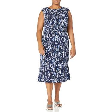 Imagem de London Times Vestido midi feminino com cintura e gola redonda polido emagrecedor chique, Azul-marinho/marfim, 50
