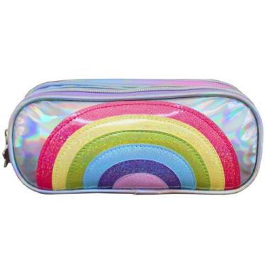 Imagem de Estojo Escolar Duplo Infantil Arco-íris Holográfico Feminino - Denlex,