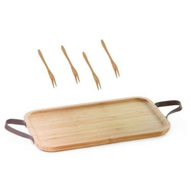 Imagem de Bandeja de bambu com alça de couro  35cm e 4 garfinhos - Utensilios do