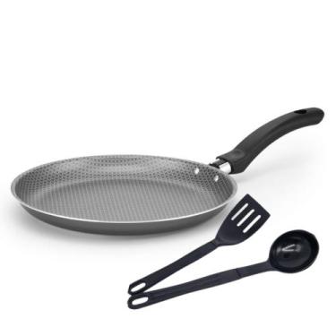 Imagem de Frigideira Panquequeira Antiaderente Cinza+ Concha e Espatula Crepeira