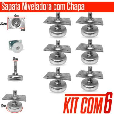 Imagem de Kit 6 Pés Niveladores 5/16 Base Sapata Mesa Armários Etc C/ Chapas Puf