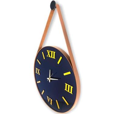 Imagem de Relogio de Parede 50cm Preto, Algarismos Romanos 3D Dourados, Alças em