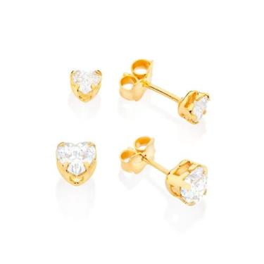 Imagem de Kit Brincos Rommanel Coração Zircônia Folheado a Ouro 18k Antialergico