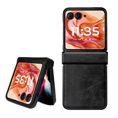 Imagem de shingtomua Capa Rígida Couro PU Para Motorola Razr 50 / Razr 2024, Com Alça Ajustável e Barra de Dobradiça Extensível, Preta