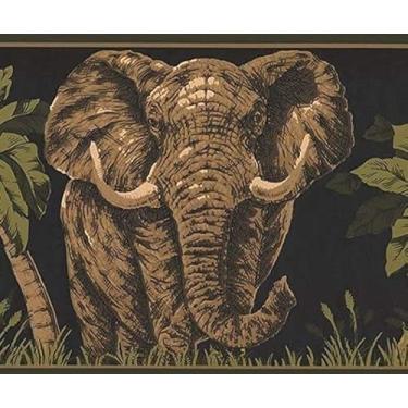 Imagem de Concord Wallcoverings papel de parede borda animais padrão musgo escuro selva elefante jaguar para sala de estar quarto trailer casa, preto verde marrom bege, 18 cm por 48 cm HE3539B