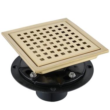 Imagem de TRJIKAG Ralo de Piso de Chuveiro Quadrado de 6", Kit de Ralo de Chuveiro Preto de Aço Inoxidável com Flange, Ralo de Piso com Tampa de Grade Removível, Ouro Escovado