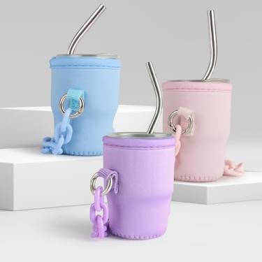 Imagem de Pacote com 3 mini copos Stanley para crianças, copo de dose mini copo de 85 g com canudo, tampa, mangas, alça de acrílico, copos de shot Yeti, pequenos copos de shot de sublimação isolados de aço