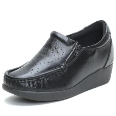 Imagem de Sapato Fem Anabela Couro Luva do Pé Preto Forrado Palmilha Macia, 38