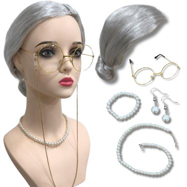 Imagem de Kit peruca vovozinha idosa coque amarrada grisalha cinza