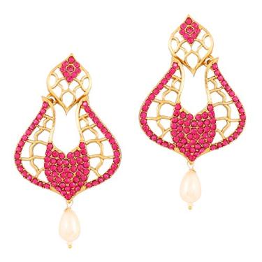 Imagem de Brincos de joia de cristais austríacos de peixe curvo de Bollywood indiano Touchstone em tom dourado antigo para mulheres (Rosa)