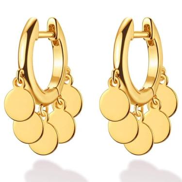 Imagem de Brincos de argola de ouro BENEIGE para mulheres com pingente de disco redondo, estrela, turquesa, pingente de argola de ouro 14 k, brincos de argola de zircônia cúbica leves e delicados para presente de joias