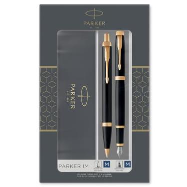 Imagem de Parker Conjunto de presente IM Duo com caneta esferográfica e caneta-tinteiro, preto brilhante com acabamento dourado, refil e cartucho de tinta azul, caixa de presente