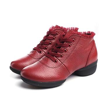 Imagem de ZHENSI Jazz Shoes Botas femininas de couro para dança de salto baixo com cadarço e sola dividida modernas, botas de dança latina, Vermelho, 36