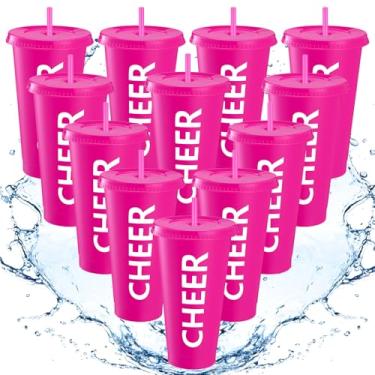 Imagem de Layhit Cheer Teams Gifts Copos a granel 680.4 g Copo de plástico reutilizável Cheer Cheer com canudo e tampa garrafas de água para equipe (rosa rosa, 12 conjuntos)