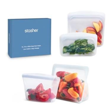 Imagem de Stasher Pacote com 4 sacos de armazenamento de alimentos reutilizáveis de silicone premium, transparente | Seguro para micro-ondas, Sous Vide, lava-louças, forno e freezer | Recipientes multiuso |