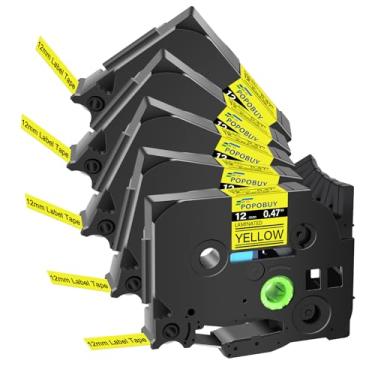 Imagem de POPOBUY Fita Amarela Laminada TZ TZe 12 mm 0,47 Compatível com Brother P Touch TZ631 TZ-631 TZe-631 TZe631 Etiquetadora para PTD210 PTD400 PTD220 PTH110 Etiquetadora de Etiquetas, Pacote com 5 Preto