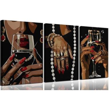 Imagem de 3 peças moda mulher negra arte de parede vogue afro-americana menina negra decoração de parede imagens elegantes lindas mulheres negras pôsteres impressos para sala de estar quarto arte decoração de
