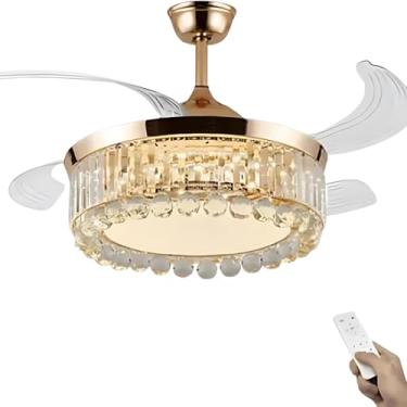 Imagem de Ventilador de Teto Dourado Retrátil Cristal K9 42W LED Multicolor com Controle Remoto – Silencioso, Bivolt, Luxuoso para Sala e Quarto – RG LED