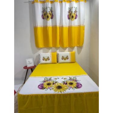 Imagem de Conjunto de Cama Box Casal com Colcha e Cortina, Estampa Floral, 245x255cm, Oxford Sublimado, 5 Peças