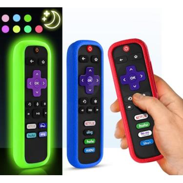 Imagem de (Pacote com 3) ONEBOM Capa para controle remoto Roku, capa para Hisense/TCL Roku TV Steaming Stick/Express Universal Replacement Controller Capa de silicone pele brilha no escuro (verde brilhante +