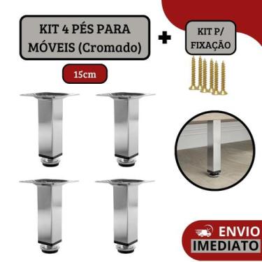 Imagem de Kit 4 Pé Para Móveis Armários Regulável Quadrado Cromado 15cm - HD Fer