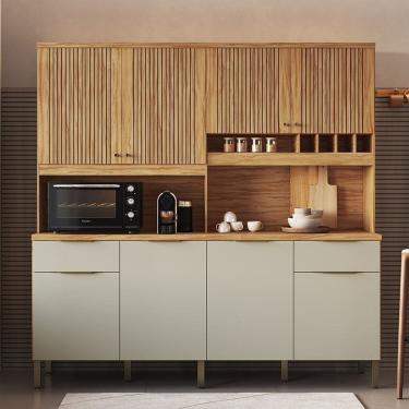 Imagem de Cozinha Compacta com 8 Portas 2 Gavetas e Mini Adega 200,20cm 100% Mdf Hungria Espresso Móveis Amêndoa/Off White