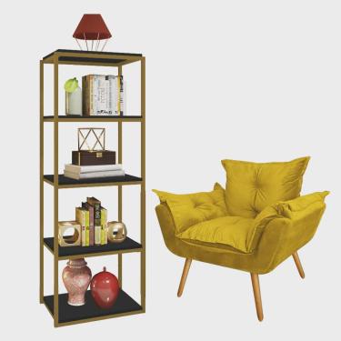 Imagem de Kit Poltrona Fatte com Estante Livreiro Ferro Dourado mdf Preto Suede Amarelo - Ahazzo Móveis