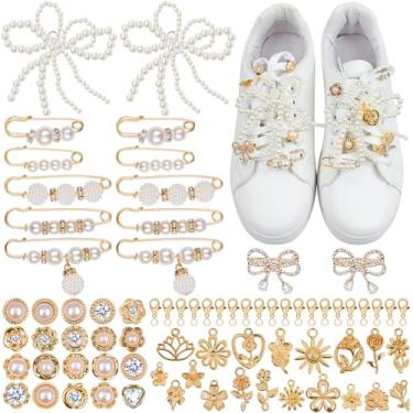 Imagem de Aphlos Conjunto de pingentes de decoração de tênis com clipe de 114 peças, acessórios de moda de tênis de pérola e strass, decorações de sapatos DIY com laços, pinos, pingentes, joias de sapatos para