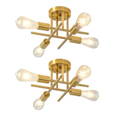 Imagem de EGM Lustre Sputnik Moderno De 4 Luzes, Luminária De Teto De Meados Do Século, Luzes De Teto Semi-Embutidas Douradas Para Sala De Jantar, Quarto, Hall De Entrada, Corredor, Cozinha, Escritório (Pacot