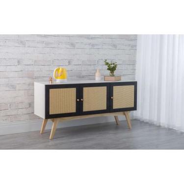 Imagem de Balcão Buffet Para Sala De Jantar Mdf Branco Pés Taeda 3 Portas Pretas