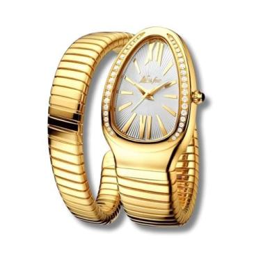 Imagem de Relógio Feminino "Pitoon" Serpente Banhado a Ouro com Zircônias – Pulseira Ajustável Branca em Aço Inoxidável, Resistente à Água, Estilo Egípcio de Luxo + Caixa Premium